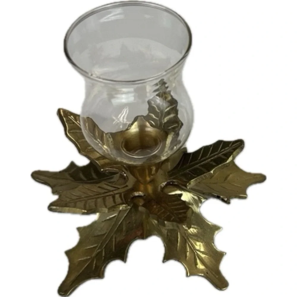 Two Solid Brass Holly Leaves Candle Holders With Glass Globes Vintage